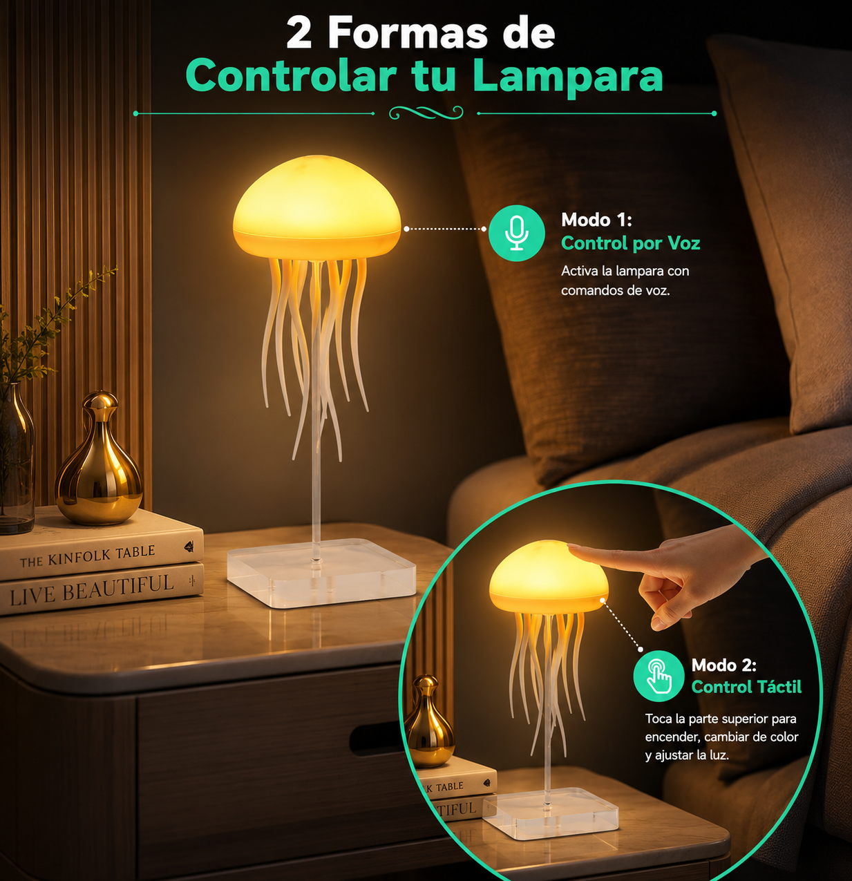 2 formas de controlar: voz inteligente y táctil.