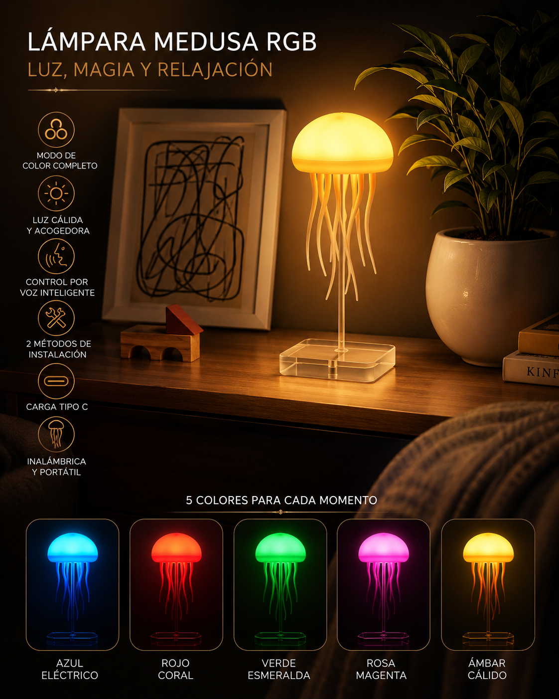 Lámpara Medusa RGB — características completas y 5 colores disponibles.