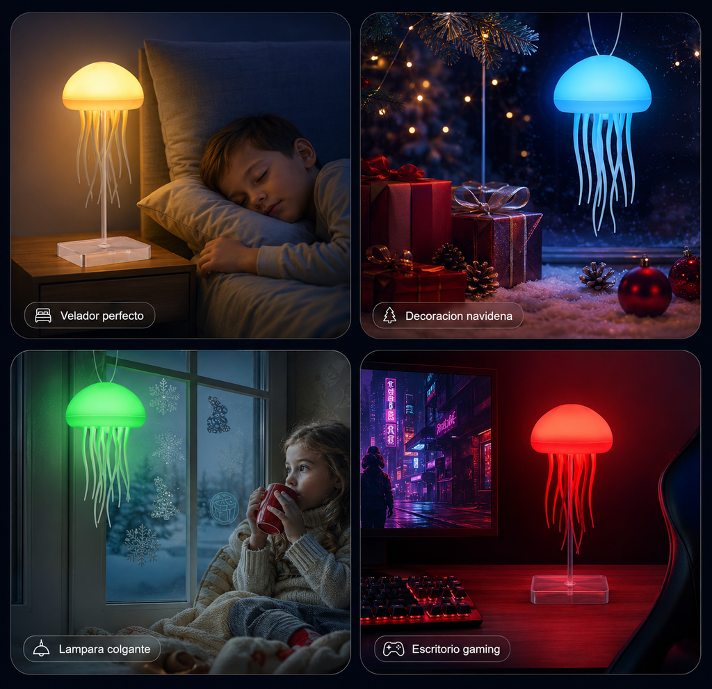 4 usos: velador, decoración navideña, lámpara colgante y escritorio gaming.