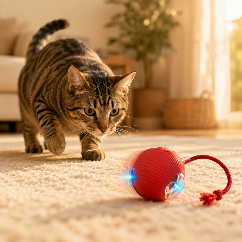 Gato acechando la pelota rodante con luz azul