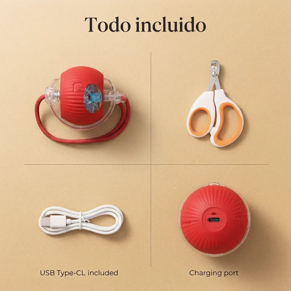 Kit completo con pelota, cuerda, cortaunas y cable USB-C