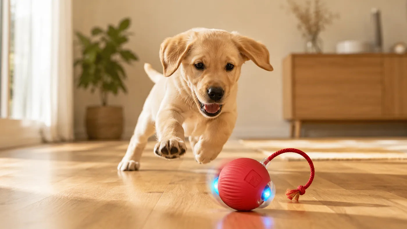 Cachorro labrador corriendo hacia la pelota rodante